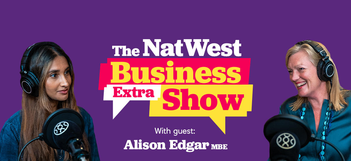Photo of Holly Mackay and Eshita Kabra-Davies in front of the NatWest Business Show graphic